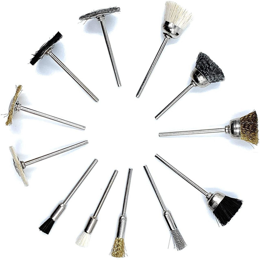 fozti Nylon, Brass & Steel 12pcs Mix End Brushes for Polish,Buff,Cleaning,Finishing,Deburring,Rust Removal for Dremel Rotary Tool, Micro Motor, Polishing Machine for Jewellery, Watchmaking, Crafts DIY Wheel Brush(Pack of 12)