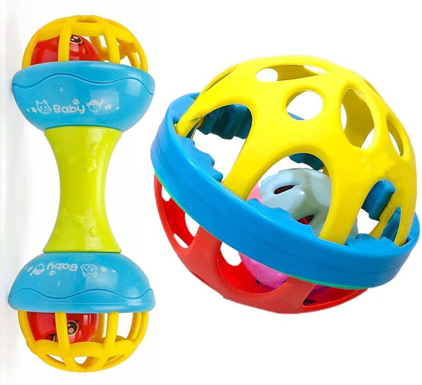 Noxxi Colorful Soft Ball and Dumbbell Combo Rattle Toy for Baby Bath Safe Non-Toxic Teether Babies 2months+ Sorting, Stacking Plugging Toys Children Toy and Infant Products Born Baby First Toys Rattle(Multicolor)