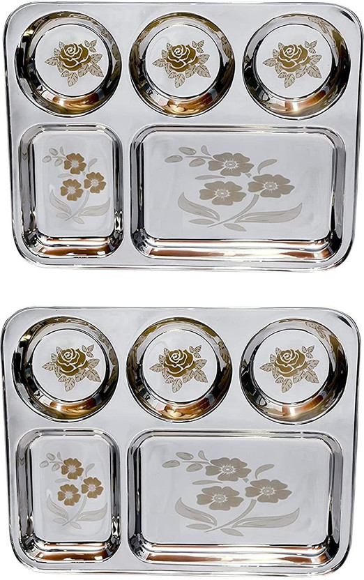 Sager Stainless Steel Lunch/Dinner Plate/Bhojan Thali 5 in 1 Compartments with Mirror Finish, Floral Laser Design in All compartments Dinner Plate(Pack of 2)