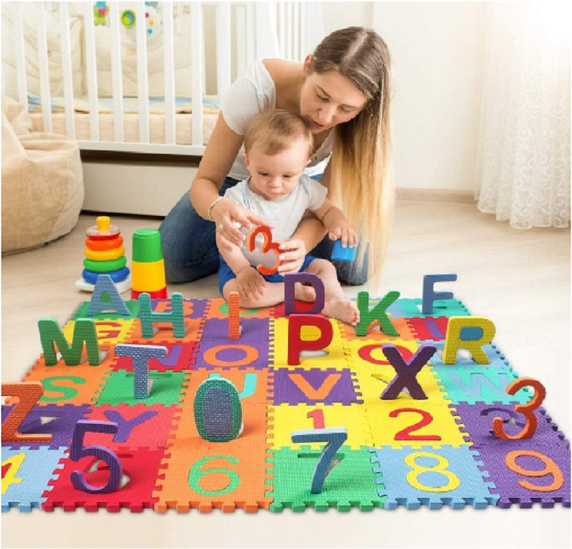 Kidzfun 36 Pieces of Learning Alphabets Mats for Kids/Brain Developing Educational Interlocking Puzzle/Alphabet & Numbers Puzzle Foam Mat for Kids, Boy, Girls Toddlers / (Mini Multi-Color Puzzle)(Multicolor)