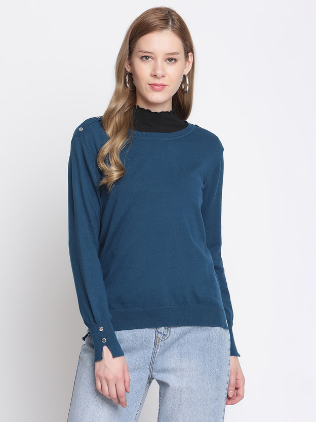 MADAME Solid Round Neck Casual Women 
