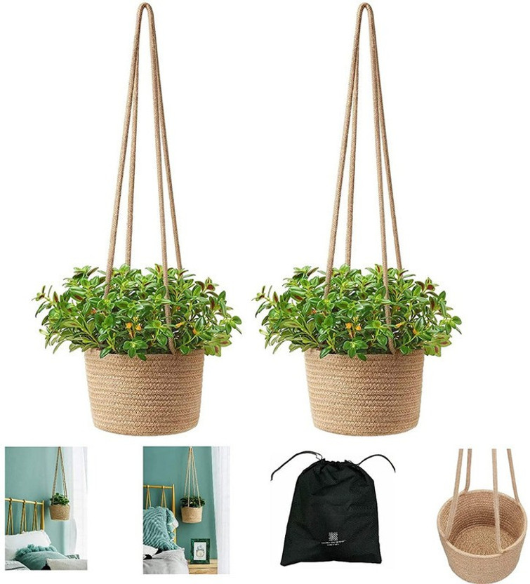 Textile and Beyond Jute Storage Rope Basket Wall Hanging Without Pot Money Plant Holder Home Decor Indoor Outdoor Flower Stand Garden Planter Hanger for Balcony, Living Room, Office Plant Container Set(Pack of 2, Fabric)