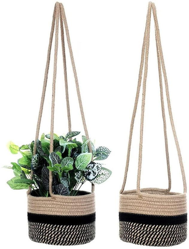 Textile and Beyond Jute Storage Rope Basket Wall Hanging Without Pot Money Plant Holder Home Decor Indoor Outdoor Flower Stand Garden Planter Hanger for Balcony, Living Room, Office Plant Container Set(Pack of 2, Fabric)