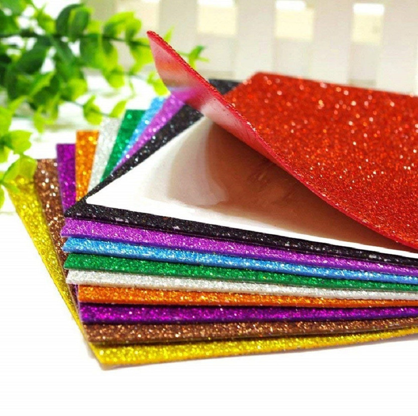 DSR Glitter Foam Sheet Sparkles Self Adhesive Sticky with Sticky Back Pack of 20 Sheets 10 Colours x 2 Pcs Each for Art & Craft, DIY Work Decoration, Gift Wrapping Unruled A4 Size 100 gsm Coloured Paper(Set of 1, Multicolor)