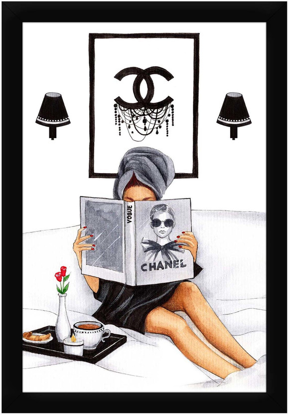 Braj Art Gallery Fashion Poster Girl reading Coco Chanel Magazine Photo Frame Digital Reprint 19.5 inch x 13.5 inch Painting(With Frame)