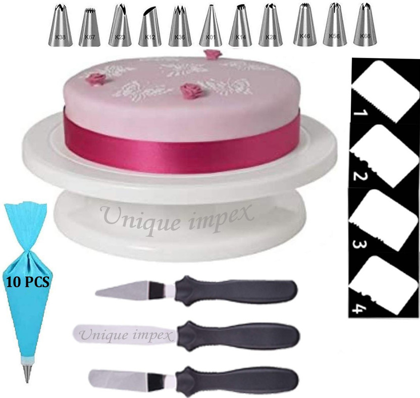 Tesla exim - Revolving Cake Decorating Turntable with 4-pc Scraper Set + 12 Piece Cake Decorating Set Frosting Icing Piping Bag Tips with Steel Nozzles Reusable & Washable For Cake Decorating,10Pc Disposable Piping Bags, Cake Stand for Sugar craft,Scraper For Cake Cutter Kitchen Tool Set(Baking Tool