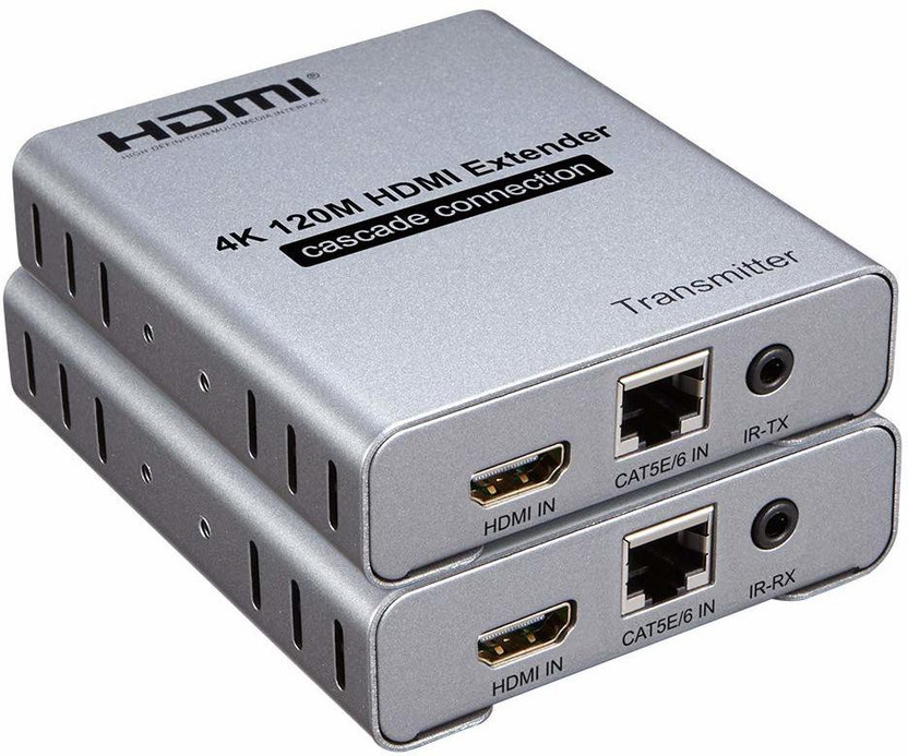 VOOCME 4K120M HDMI Extender Cascade Connection, RJ45 Over TCP/IP Cat5e/6 Ethernet Transmitter and Receiver, TX RX Kit for PS4, DVD Player, TV Box, PC to TV. HDMI Connector(Silver)