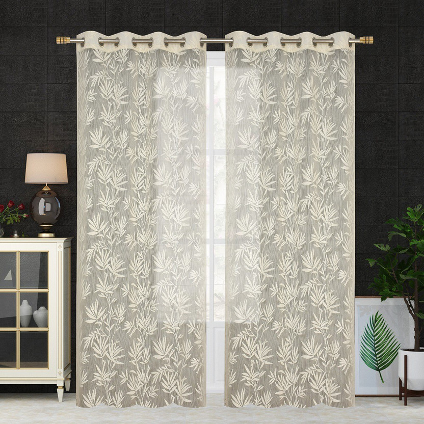 Soulful Creations 275 cm (9 ft) Long Door Net Semi Transparent Curtain (Pack Of 2)(Cream, Floral)