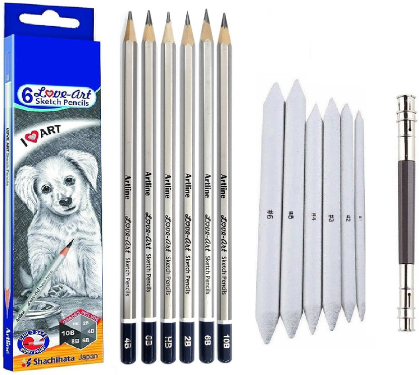 Definite Artline Set of 6 Love-Art Sketch Pencils + Blending/Smudging Stumps Set of 6 (Size 1 to 6) and Adjustable Dual Head Pencil Extender for Graphite and Charcoal Pencils