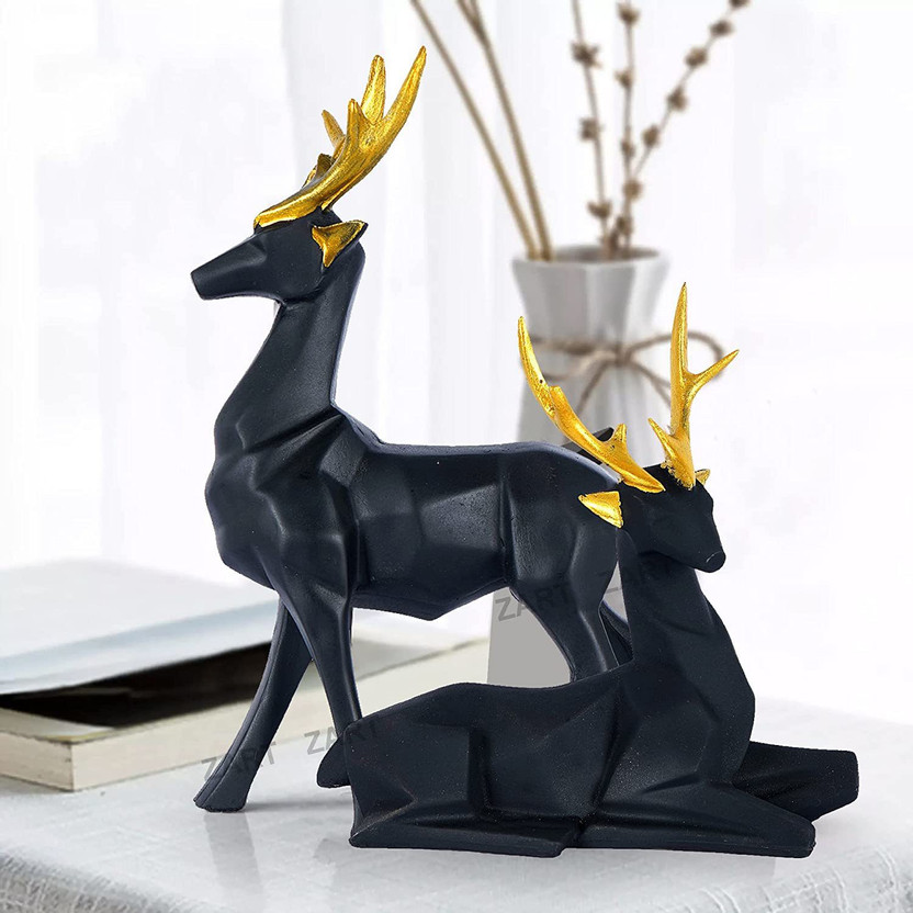 FAMTURE Black Deer/Hiran Showpiece for Home Decor Showpiece & Office Decor Set of 2 Decorative Showpiece  -  15.24 cm(Polyresin, Black)