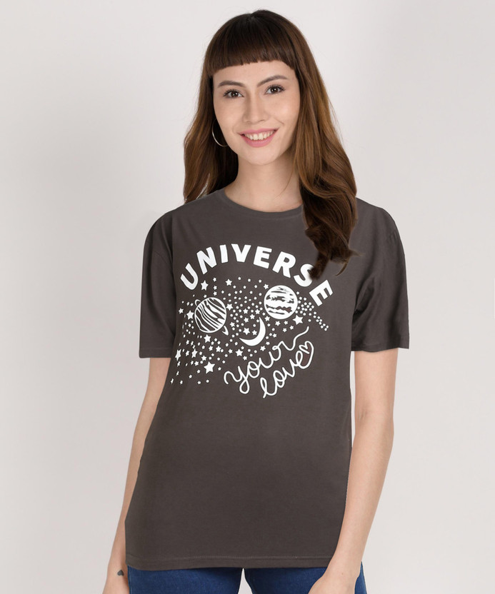 Urbanic Printed Women Round Neck Grey T 