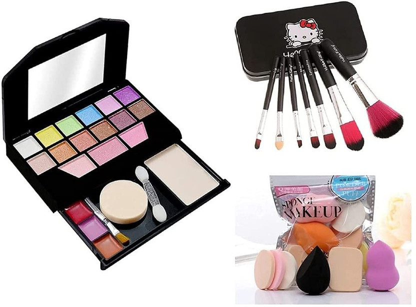 VARFAX TYA 6155 Multicolour Makeup Kit with 7 Black Brushes & 6 Beauty Blenders Sponges Pack