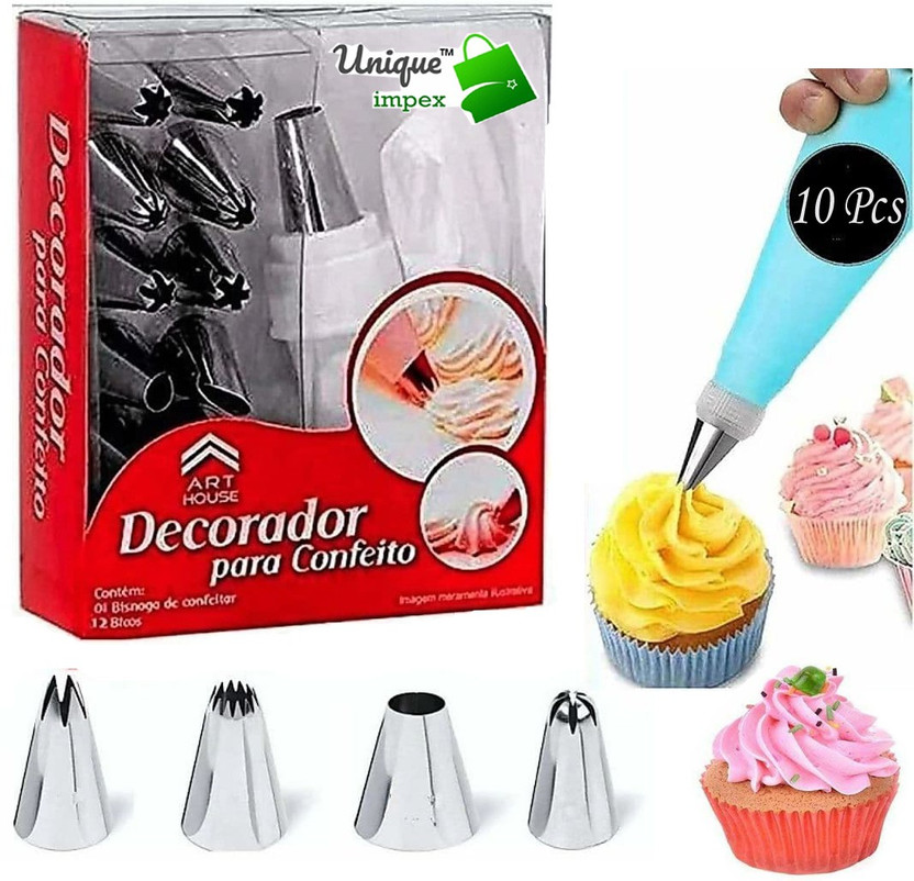 Unique Impex Free +10 Disposable piping bag ,with this 12 pcs icing set,Frosting, Icing, Piping Bag ,Tips with Steel Nozzles Steel Multi-opening Icing Nozzle Cake Decoration Icing Set Cake Decoration Icing Set(Set of 12)