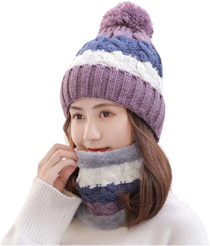Womens Winter Warm Beanie Hat Scarf Set Girls Solid Fuzzy Pom Knit Ski Skully Cap 