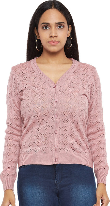 V Neck Casual Women Pink Sweater 