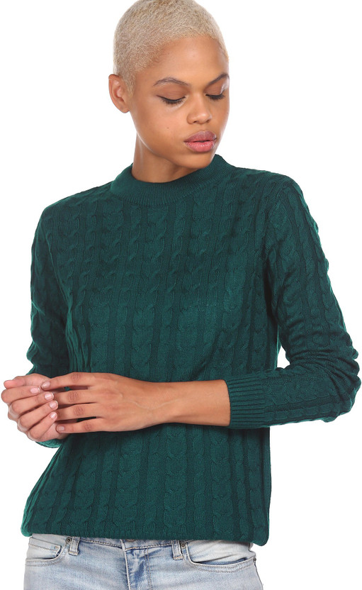 Neck Casual Women Green Sweater 