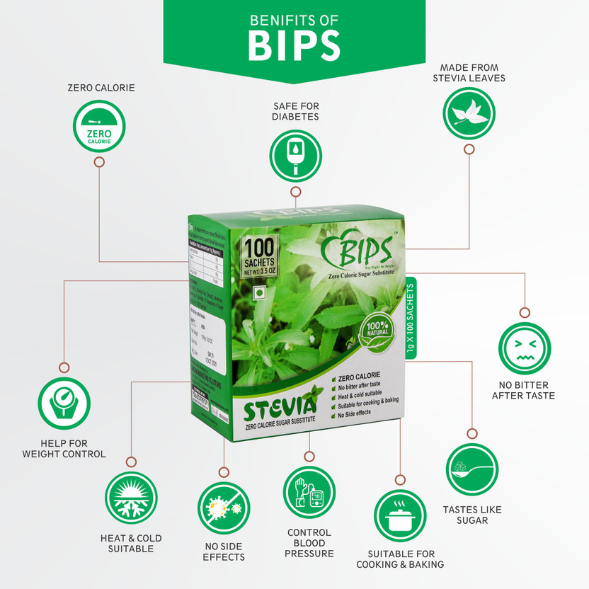 BIPS Stevia Sweetener(100 Sachet, Pack of 100)