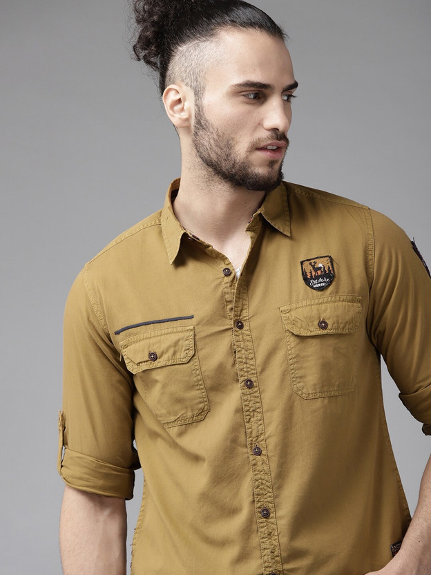 Roadster Men Solid Casual Khaki Shirt