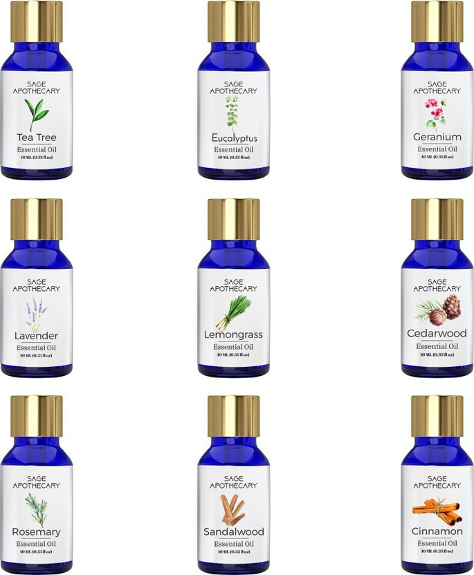 Sage Apothecary Essential Oil Combo 9 in 1 pack (Tea Tree, Lavender, Rosemary, Eucalyptus, Lemongrass, Sandalwood, Geranium ,Cedarwood & Cinnamon)│100% pure(10 ml)