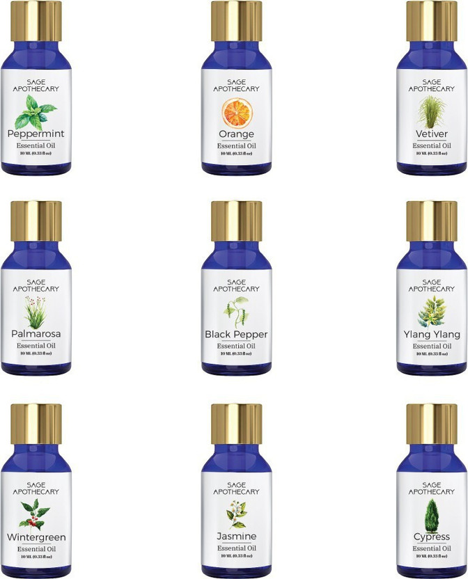 Sage Apothecary Essential Oil Combo 9 in 1 pack (Vetiver, Orange, Peppermint, Cypress, Jasmine, Wintergreen, Ylang-Ylang, Black Pepper & Palmarosa)│100% pure(10 ml)