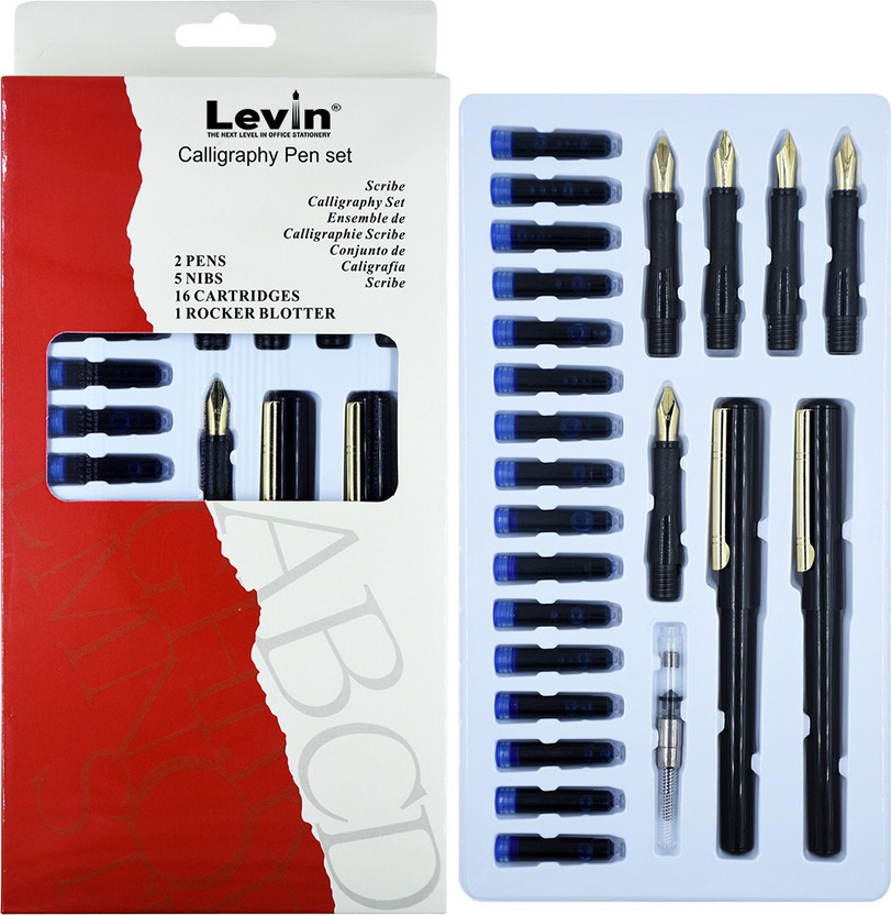 Levin Levin Professional golden clip Calligraphy Set with 5 Nibs,16 Ink Cartridges & 2 pens Calligraphy(Ink Color - Blue) - Flipkart Deal