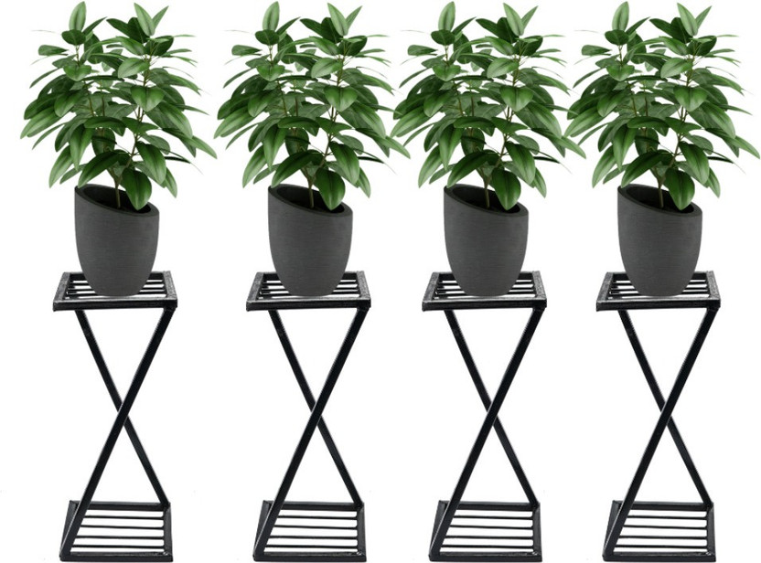 Hs Retail Modern Indoor & Outdoor 2 Tier Planter Stand/Z Shape Plant Racks/Flower Shelf Display for Garden/Balcony/FlowerPot Stand for Corner Display/Double Decker Window Planted Stand-Set of 4,Black Plant Container Set(Pack of 4, Metal)