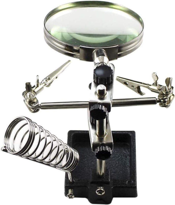 uptodatetools Magnifier Glasses Helping Hand Desktop Station Magnifier Watchmaking Repair Tool Kit Hands Magnifying Glass for Hobby Crafts Reading Soldering Jewelry Sewing 90mm Magnifying Glass(silver black)
