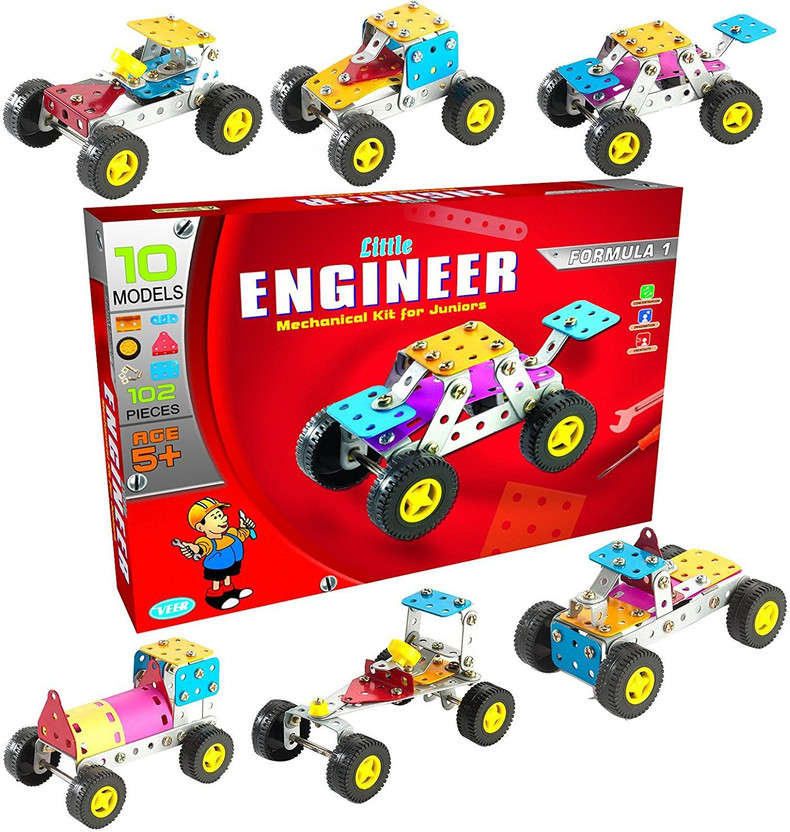 ivee international Little Engineer Formula 1 Mechanical Kit for Kids - Building Blocks and Models Construction 10 Model and 102 Piece(Multicolor)