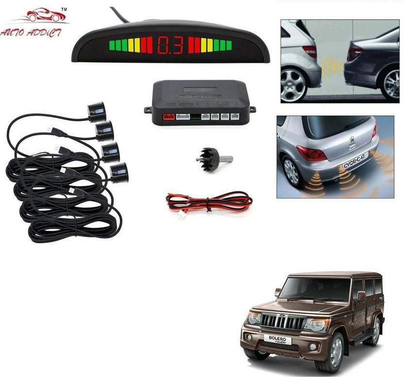 AuTO ADDiCT parking-sensors-black-108 Car Reverse Parking Sensor with LED Display 4 Sensor Reverse Parking Auto Radar Detectors (Black) For Mahindra Bolero Parking Sensor(Electromagnetic Systems)