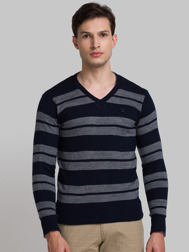 PARX Striped V Neck Casual Men Blue 
