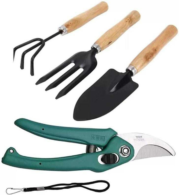 Green India Tool Set Big Trowel, Hand Fork, Hand Rake & Pruner/Cutter for Garden Tool Kit(4 Tools)
