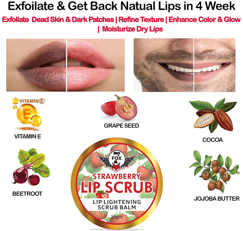 7 FOX Strawberry Lip Scrub Balm 2 IN 1 for Lightening and Brightening Dark Lips - Lip Scrub For Women & Men Dry Lips / Smoker / Chapped Lip & Lipstick Stains Removal Lip Care- Strawberry - Scrub(15 g)