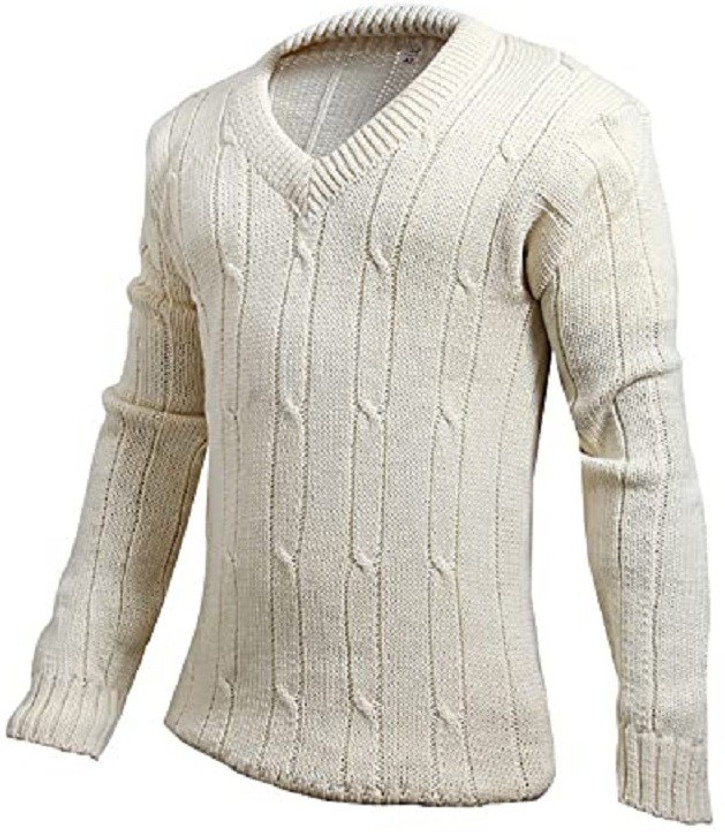 V Neck Casual Men White Sweater 