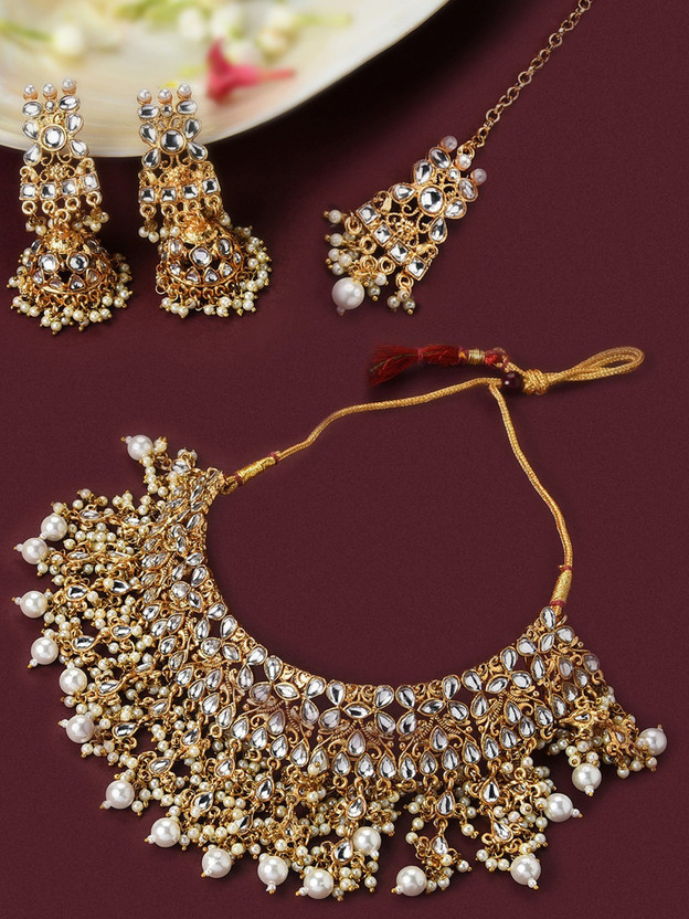 ZAVERI PEARLS Zinc Gold-plated Gold, White Jewellery Set(Pack of 1)