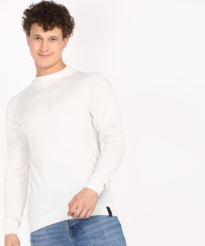 High Neck Casual Men White Sweater 
