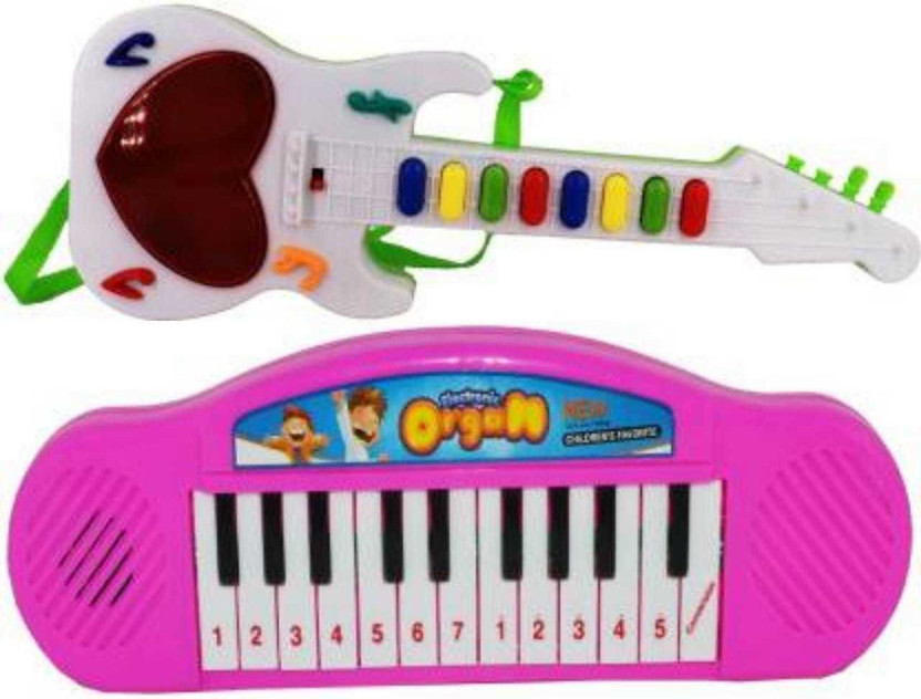 Kmc kidoz combo Mini Guitar With Musical Rhymes Sound And 3D LED Light | Battery Operated | Musical Instrument | Electric Keyboard | Lighting Toys & Mini Piano For Kids(Multicolor)