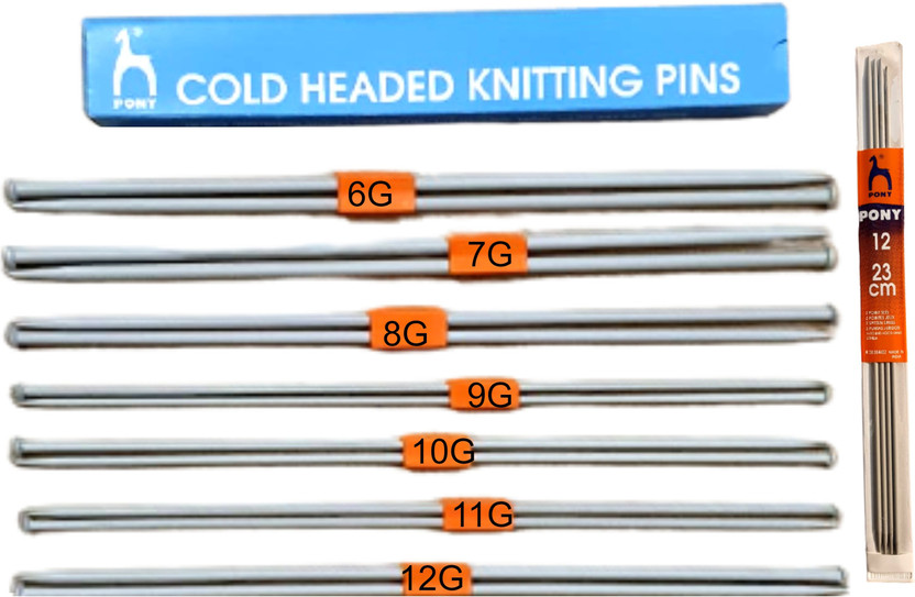 Pony Knitting pins/Knitting Needles, Single Point Round Knob Aluminium (Length 25cm)- Set of 7 with neck needles (12 no.) Knitting Pin(Pack of 16)