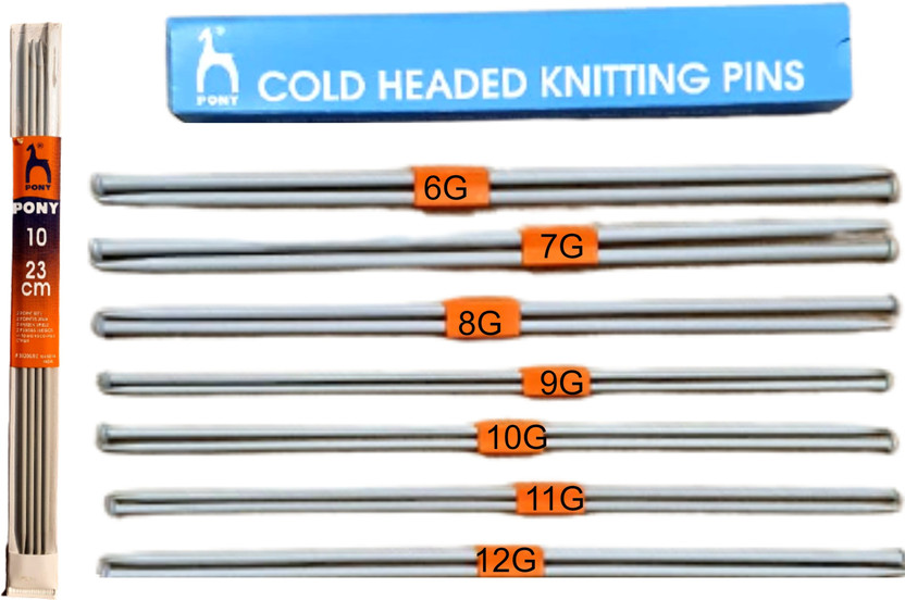 Pony Knitting pins/Knitting Needles, Single Point Round Knob Aluminium (Length 25cm)- Set of 7 with neck needles (10 no.) Knitting Pin(Pack of 16)