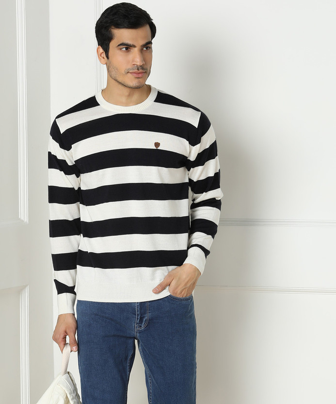 white and navy blue sweater