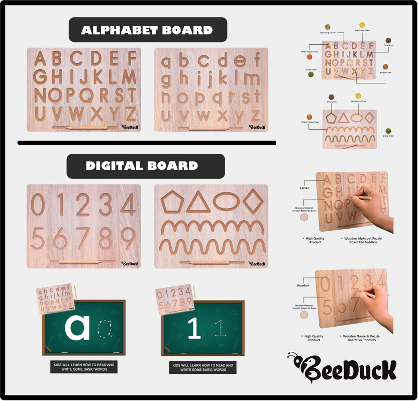BeeDuck 4 IN 2 Combo Learning & Educational Wooden Board | Capital Word "ACBD" and Small Word "abcd" and "0 To 9" Number & 6 Type of Curve Patten | Alphabet Board & Digital Board | Wooden toys | Learning and Educational Toys | Puzzle Toys | Letter Educational Slate | Learning & Educational Board, Ha