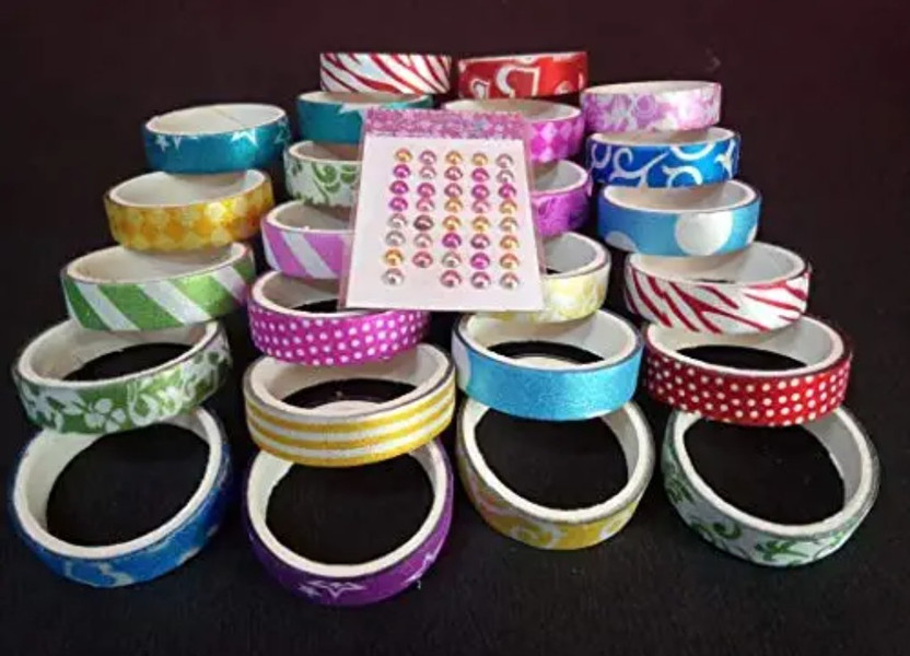 imtion ® Combo 2 in 1 ( Pack of 24 Pcs Colourful Decorative Adhesive Glitter Tape Rolls + Stone beats ), Decorative Matarial Set of 24 Pieces ( Craft Material ) (( Glitter Tape Decoration ))