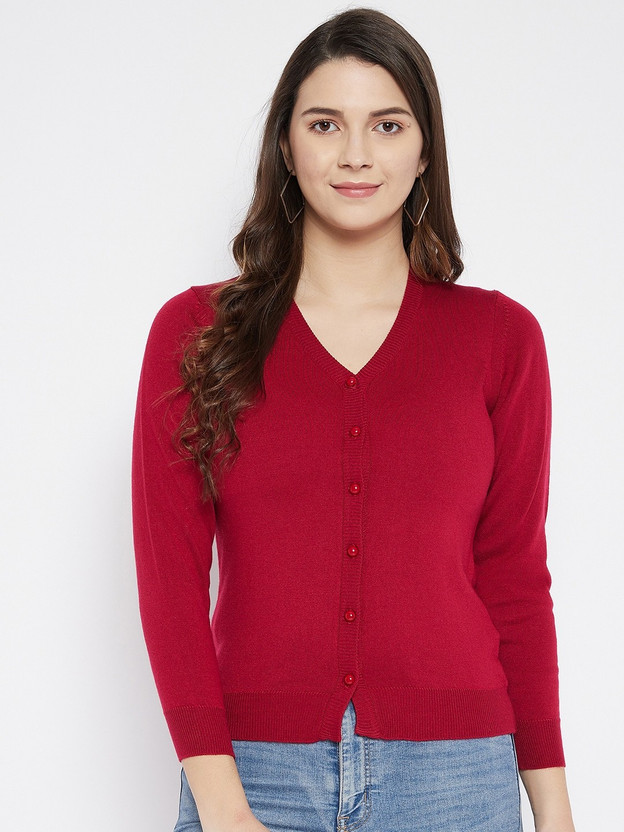 V Neck Casual Women Maroon Sweater 