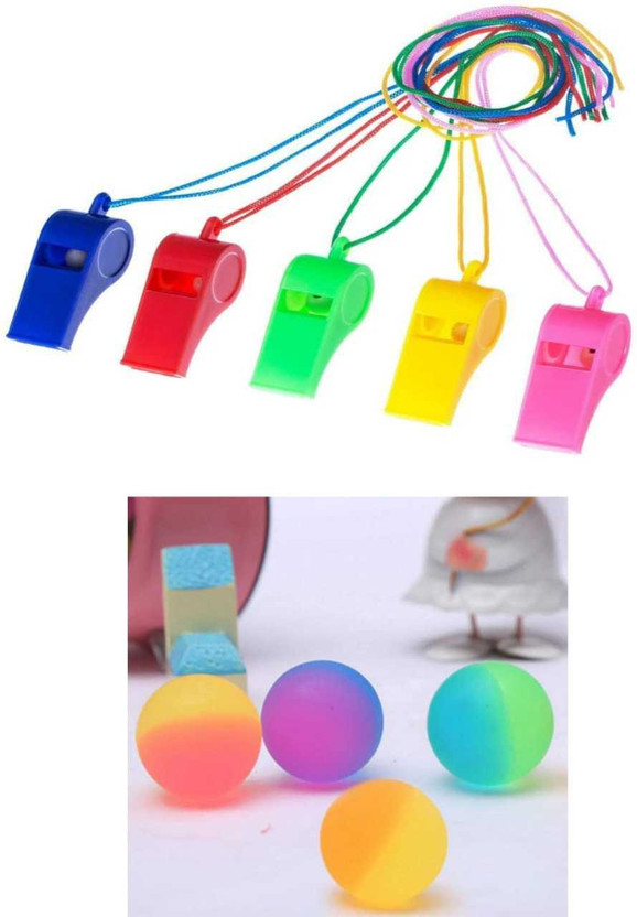 imtion 2 in 1 ( 2 Pcs Bouncing jumping ball any colour 2 Pcs whistle / seeti multi color ) Nylon Treaded Party Favors, Bulk Toys, and noisemakers for Boys and Girls- Multi Color