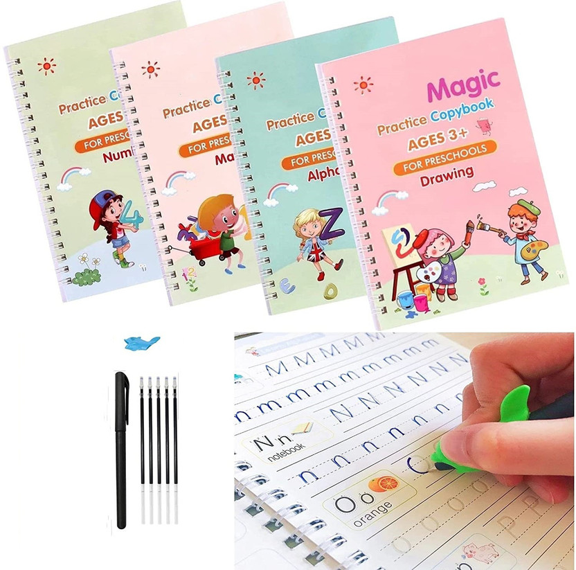 MARCRAZY 4 PCS Sank Magic Practice Copybook for Kids,Magic Calligraphy That Can Be Reused Tracing Handwriting Copybook Set,English Writing Practice Book for Kid (Book + 5 Refills Set) Mini Notebook Ruled 40 Pages(Multicolor, Pack of 4)