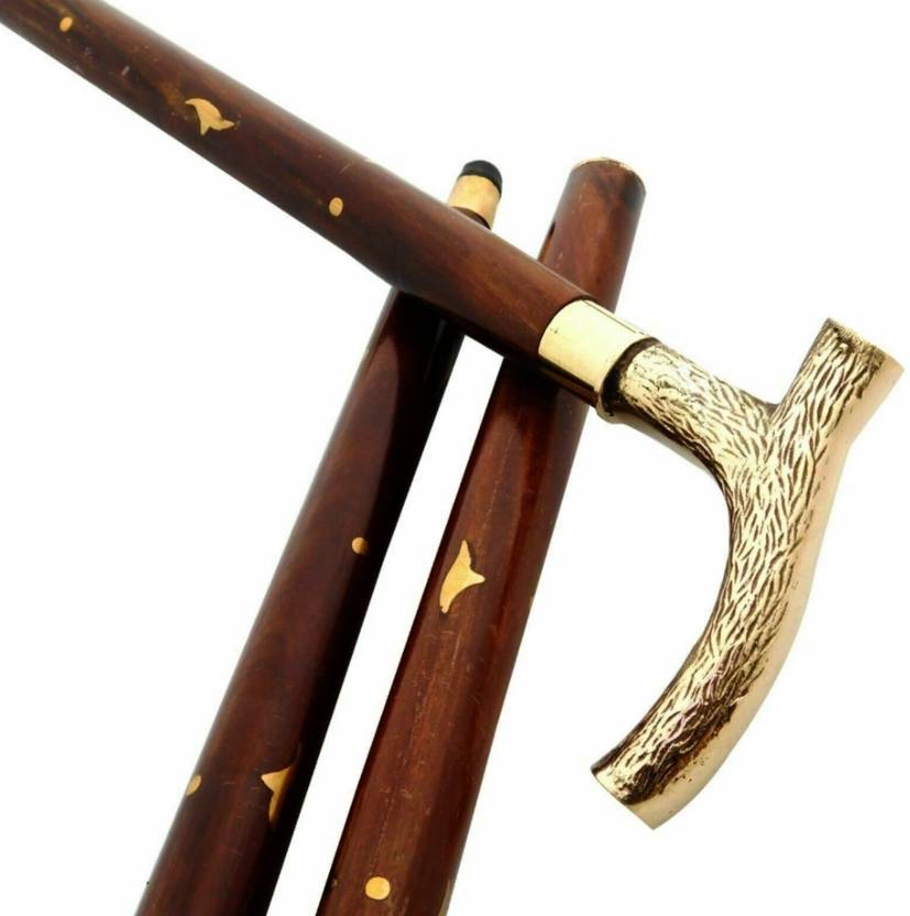 AntiqueHouse curve design brass handle solid wood walking stick Walking