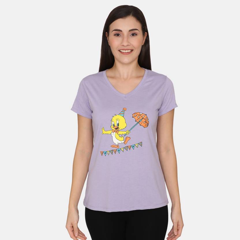 ZIVAME Cartoon Women V Neck Purple T-Shirt - Buy ZIVAME Cartoon Women V  Neck Purple T-Shirt Online at Best Prices in India 