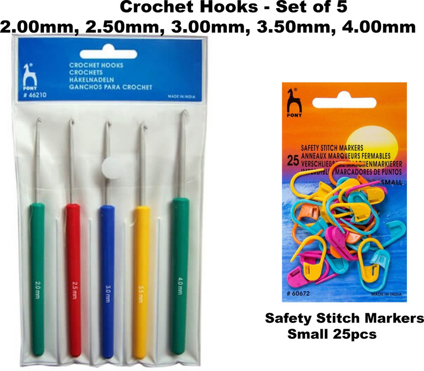 Pony Knitting Crochet Hooks Needle Set of 5, Ergonomic Knitting Needle Set with Crochet Locking Stitch Markers(25 Pcs), Soft Grip Handles Hooks 2.0mm-4.0mm Length 14cm Knitting Pin(Pack of 5)