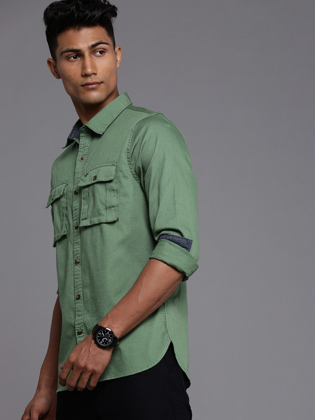 WROGN Men Solid Casual Green Shirt