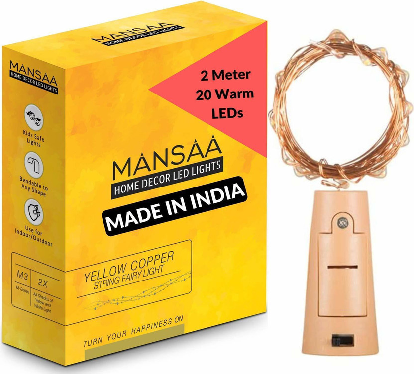 MANSAA 20 LEDs 1.98 m Yellow, Gold Steady String Rice Lights(Pack of 1)