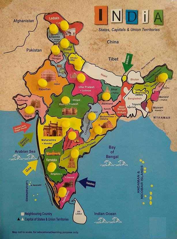 Enorme Big Wooden India Map Puzzle with Knobs, Educational and Learning